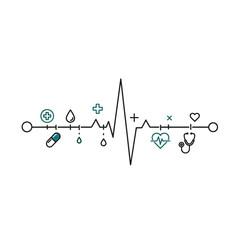 Medical heartbeat line with health icons vector.