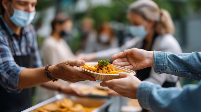 Volunteers serving food, poor people outdoors, meal distribution program, hunger relief effort, community kitchen service, charitable feeding activity, food security initiative, fa - Powered by Adobe