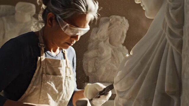 Artisan shaping sculpture with hammer and chisel detail work creative profession