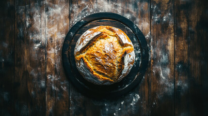 Freshly baked bread on a rustic wooden table with scattered flour in a cozy kitchen setting