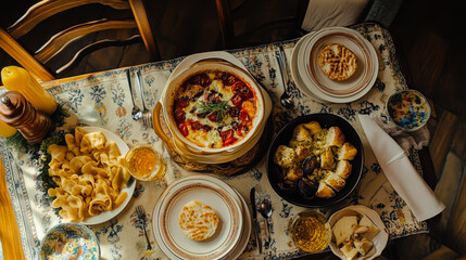 Fototapeta premium Celebrating a vibrant feast with diverse dishes laid out on a beautifully arranged table in a cozy home setting