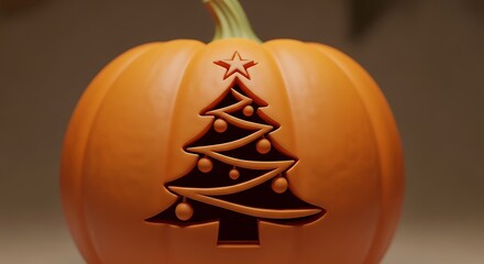 Fototapeta premium Festive Fusion - Christmas Tree Carved on a Pumpkin.