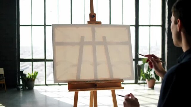 Slow motion footage of a male artist holding a paintbrush in front of a blank canvas on an easel in a bright loft studio.
