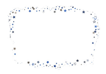 Obraz premium hyper-photorealistic shot of sharp-edged, blue and warm grey metallic star confetti falling, creating a dense border on transparent. elegant minimalist graphic design concept