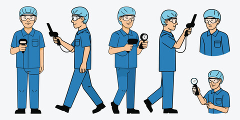 Factory Quality Inspector Character Pack Hairnet Worker with Handheld Scanner, Multi-View Full Body Animator Kit and Modular Vector Pose Builder
