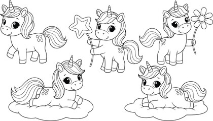Cute unicorn vector set coloring book page for kids, black and white outline of magic ponies with star and flower, funny animal character collection