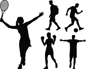 Sport silhouettes, athletic poses, tennis swing, soccer motion, boxing stance, hiking figure, victory gesture, black outline, motion study, active lifestyle