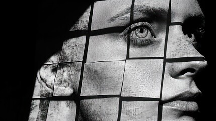 Close-up grayscale portrait, face overlaid with grid of images