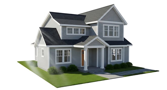 Modern Two-Story Family House with Gray Siding and Green Lawn.