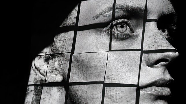 Close-up grayscale portrait, face overlaid with grid of images