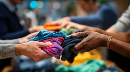 Clothing donors hands, colorful garments available, donation assistance display, textile charity collection, community resource sharing, clothing drive participation, humanitarian