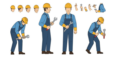 Skilled Plumber Character Kit  Male Technician Fixing Pipes with Wrench, Multi-View Full Body Vector Pack with Modular Poses and Animation-Ready Body Parts