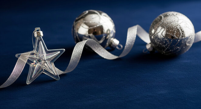 Close-up of transparent star ornament, silver ribbon and two silver baubles on blue textile, representing Christmas and festive celebration