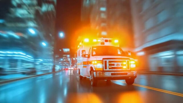 Generative AI. Emergency medical vehicle speeding through urban night streets, illuminated by city lights, showcasing urgency and rapid response in a dynamic environment
