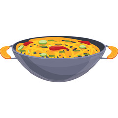 Wok filled with vibrant yellow noodles and colorful vegetable toppings including red chili peppers and green cucumber slices prepared for a delicious meal