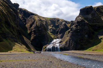 Stjornarfoss waterfall Iceland, landscape with waterfall and river