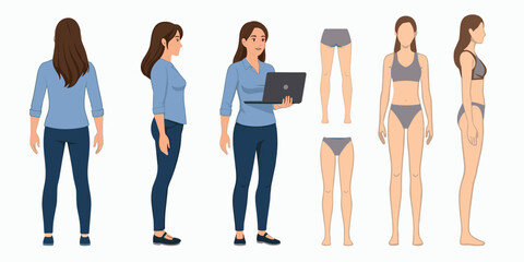 Stylish Young Female Professional Character Kit Laptop Holding Business Woman, Full Body Multi View Vector Pack with Modular Poses and Animation-Ready Body Parts