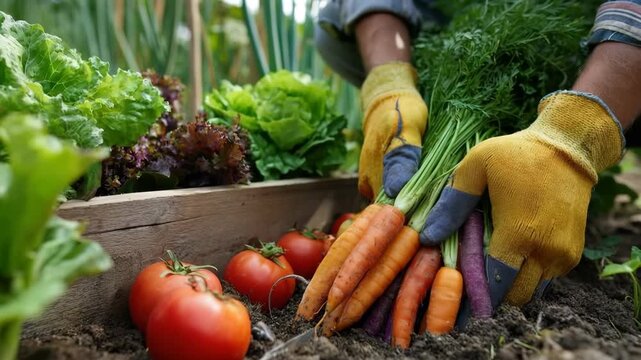 Generative AI. Hands of a gardener wearing yellow gloves, harvesting fresh carrots and tomatoes from a wooden planter box surrounded by vibrant green lettuce and garden soil