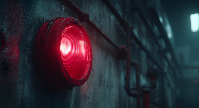 Industrial safety alert with red emergency signal light illuminating a factory wall for workplace security measures
