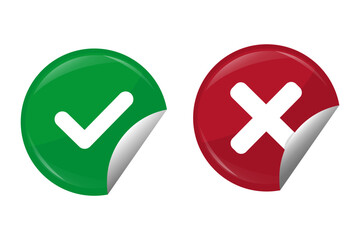 Check and cross. Approval and rejection. Dual decision vector. Glossy button pair.