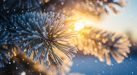 Close-up of frozen pine needle with ice crystals and falling snow, showcasing winter season, representing winter holiday or Christmas time concept