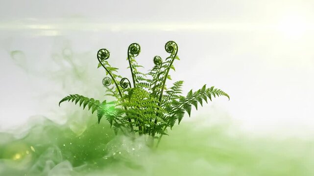 Vibrant green fern plant with unfurling fiddleheads and lush fronds against a light background
