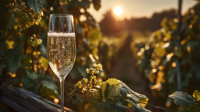 Sampling premium sparkling brut champagne in the sunlit vineyards of Cote des Blancs near Cramant and Avize France outdoors