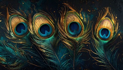 Glistening Emerald and Gold Peacock Feathers - Rich Teal and Blue Art with Textured Accents