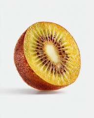 A close up shot of a cut golden kiwi fruit on a white background surface