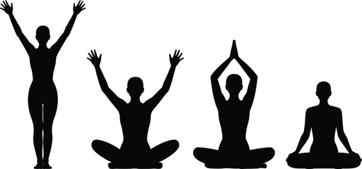 Yoga silhouettes, meditation poses, standing stretch, seated posture, black outline, wellness gesture, body balance, mindfulness icon, fitness motion, spiritual stance
