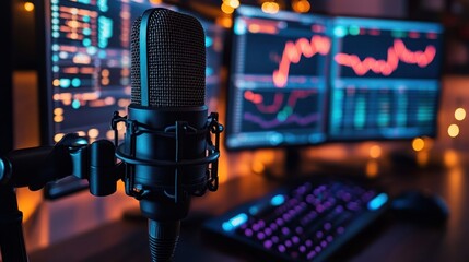 Close-up of microphone near computer screens displaying stock charts