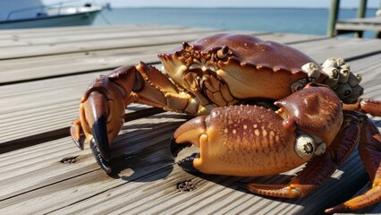 A large crab on a wooden dock with the ocean in the background.