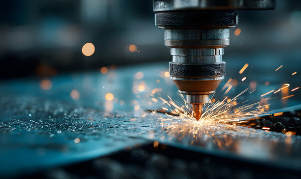 Closeup CNC gas cutting metal sheet, sparks fly. Blue steel color, modern industrial technology. - Powered by Adobe