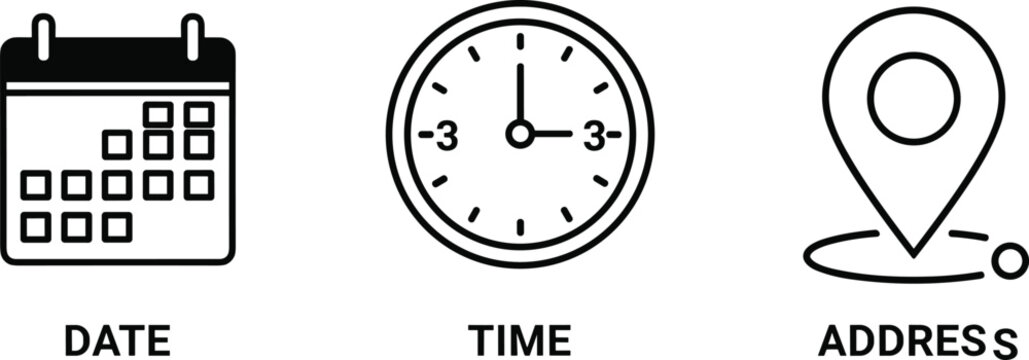 Event details icon set featuring calendar date clock time and location address pin vector illustration isolated on white background