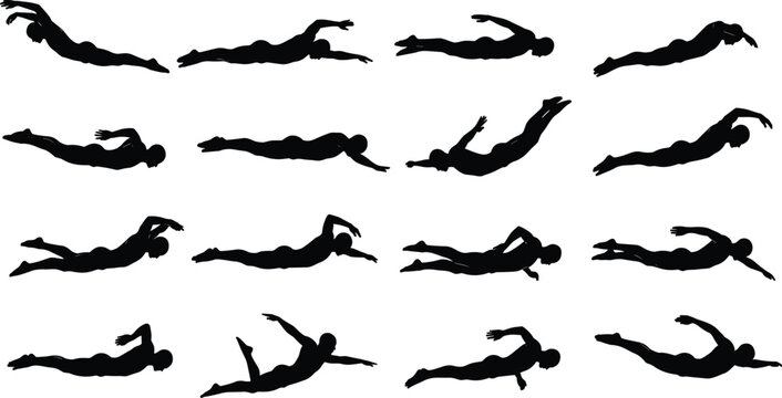 Black Silhouette Set of Swimmers in Various Poses, Illustrating Swimming Strokes, Sports, Training, and Aquatic Fitness Activities.