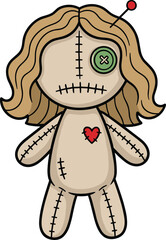 Cartoon voodoo doll with stitched heart, button eye, red pin, spooky handmade fabric character for Halloween, horror, folklore illustration design