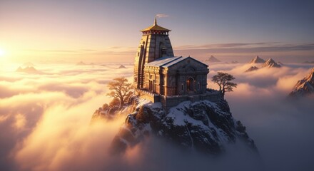 Sacred temple on snowy mountain peak above clouds at sunrise