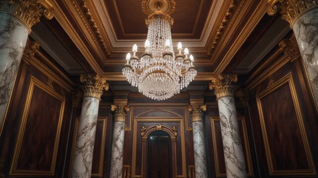 Luxurious Ballroom Interior with Crystal Chandelier and Marble Columns luxury