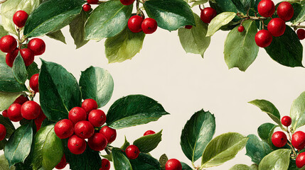 christmas holly border with red berries and green leaves framing white space for festive holiday design
