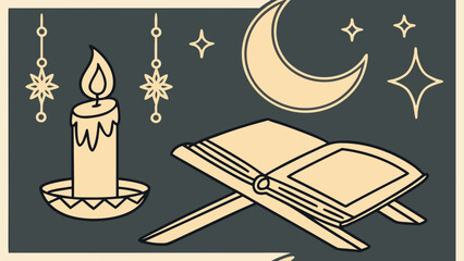 Illustration of candle book moon and stars art