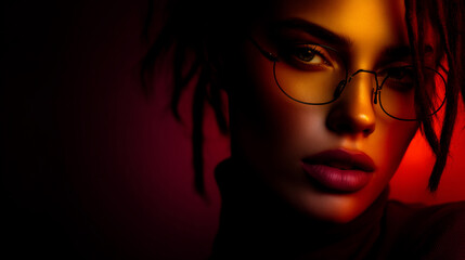 young dystopian woman with dreadlocks and glasses, futuristic portrait of cool woman with cyber style, edgy dystopian female character with bold aesthetics