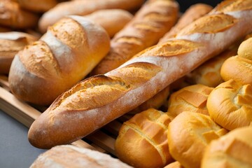 Freshly Baked Baguettes and Rolls on Wooden Board