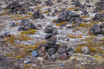 Katla Geopark Iceland, piles of arranged stones across landscape