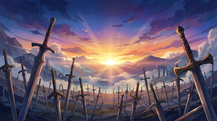 ゲーム背景　夜明けの前の地平線に墓標のようにたくさん埋まる無数の剣