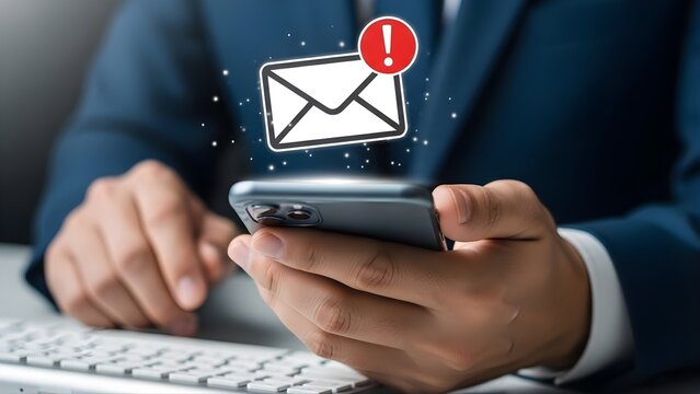 Businessman receives spam email on smartphone with notification icon