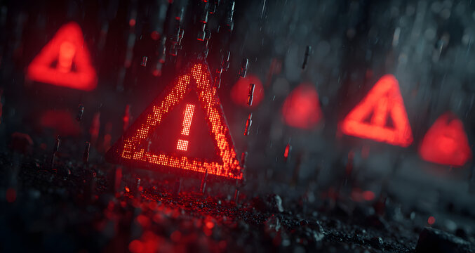 Cybersecurity warning alert with red exclamation triangles and binary code on a digital blur background showing hacked internet system concept sketch.. 3D Rendering