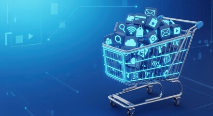 E-commerce Concept with Digital Shopping Cart and App Icons