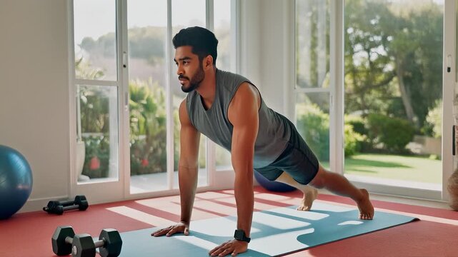 Man Performing Push-ups on a Yoga Mat in a Sunlit Room with Exercise Equipment fitness workout