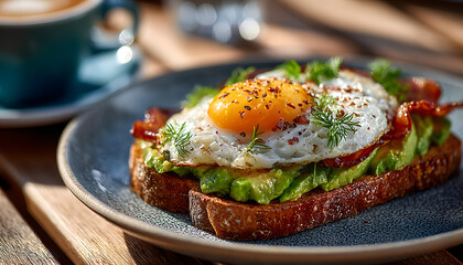 Delicious breakfast outside on cafe terrace with avocado toast with fried egg and bacon. Coffee cup stands nearby on wooden table. Healthy brunch meal on summer sunny morning. Food concept.