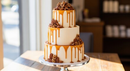 Elegant Three Tiered Caramel Drip Cake with Nuts